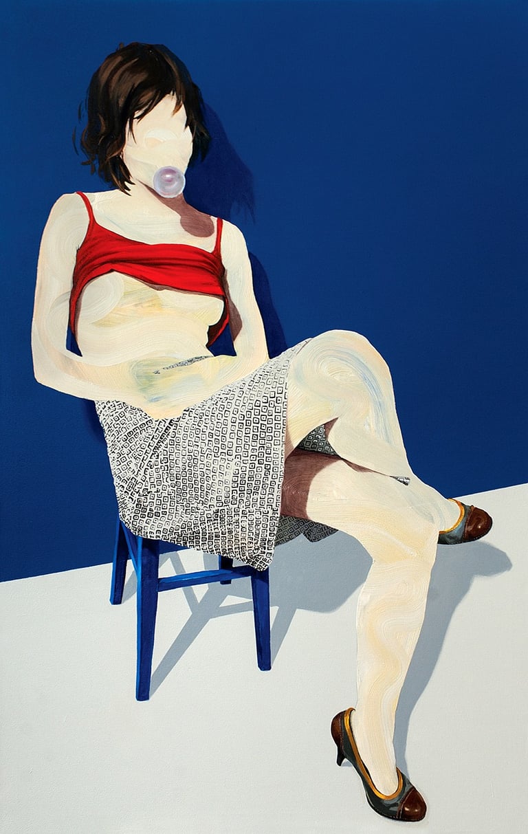 Surreal oil painting of a woman with a blurred face blowing a bubblegum bubble against a blue wall.