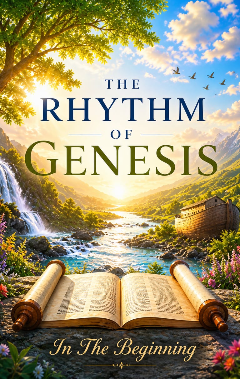 Devotional image for The Rhythm of Genesis with a sunrise valley, waterfall, scroll, and ark”