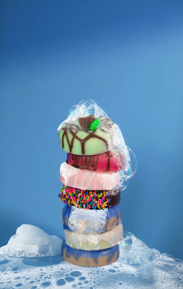 a stack of soap donuts with sprinkles and foamy bubble soap
