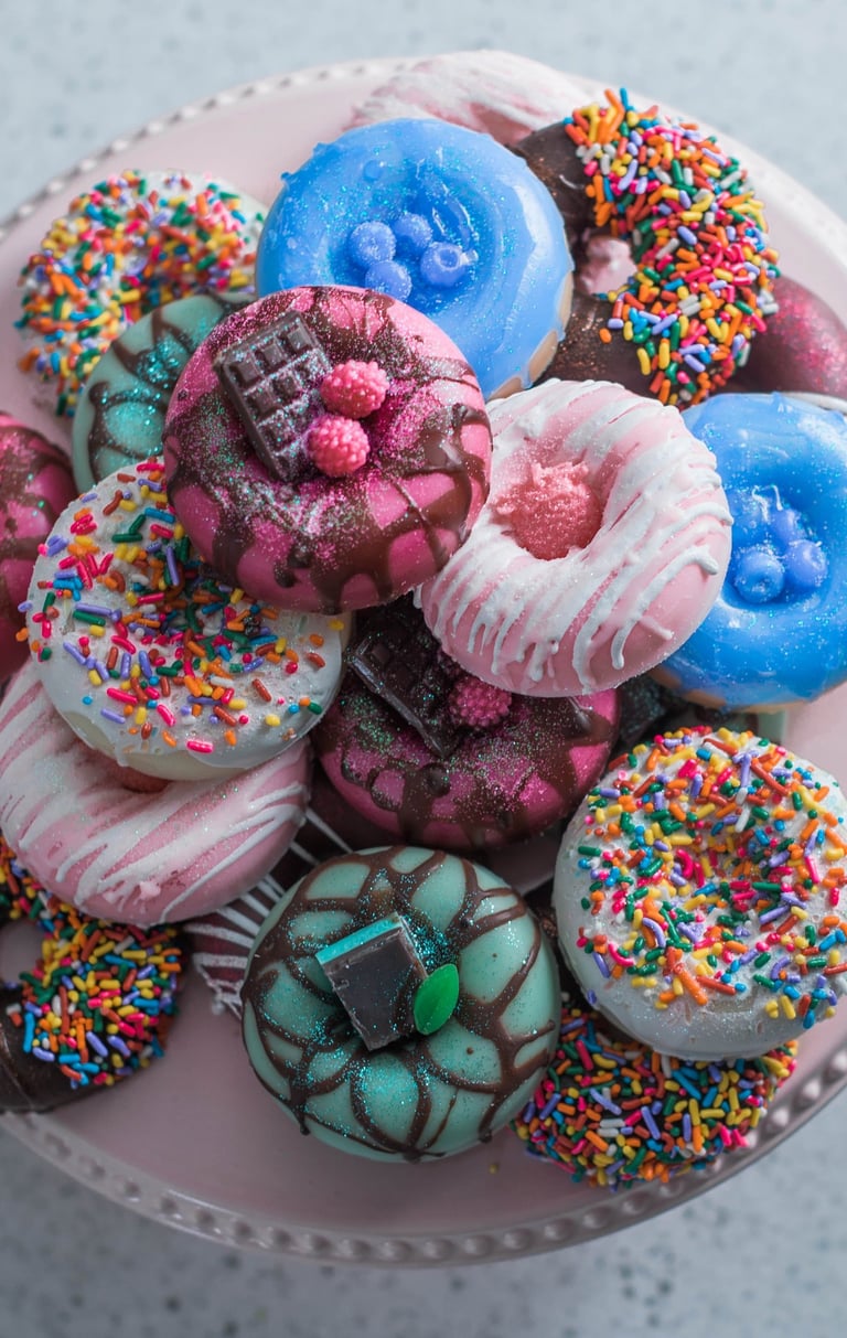 a plate of colorful soap donuts with sprinkles