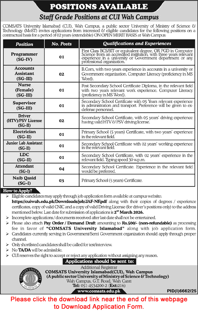 COMSATS University Wah Campus Jobs 2026 February Application Form Attendants, Naib Qasid, Drivers & Others CUI Latest