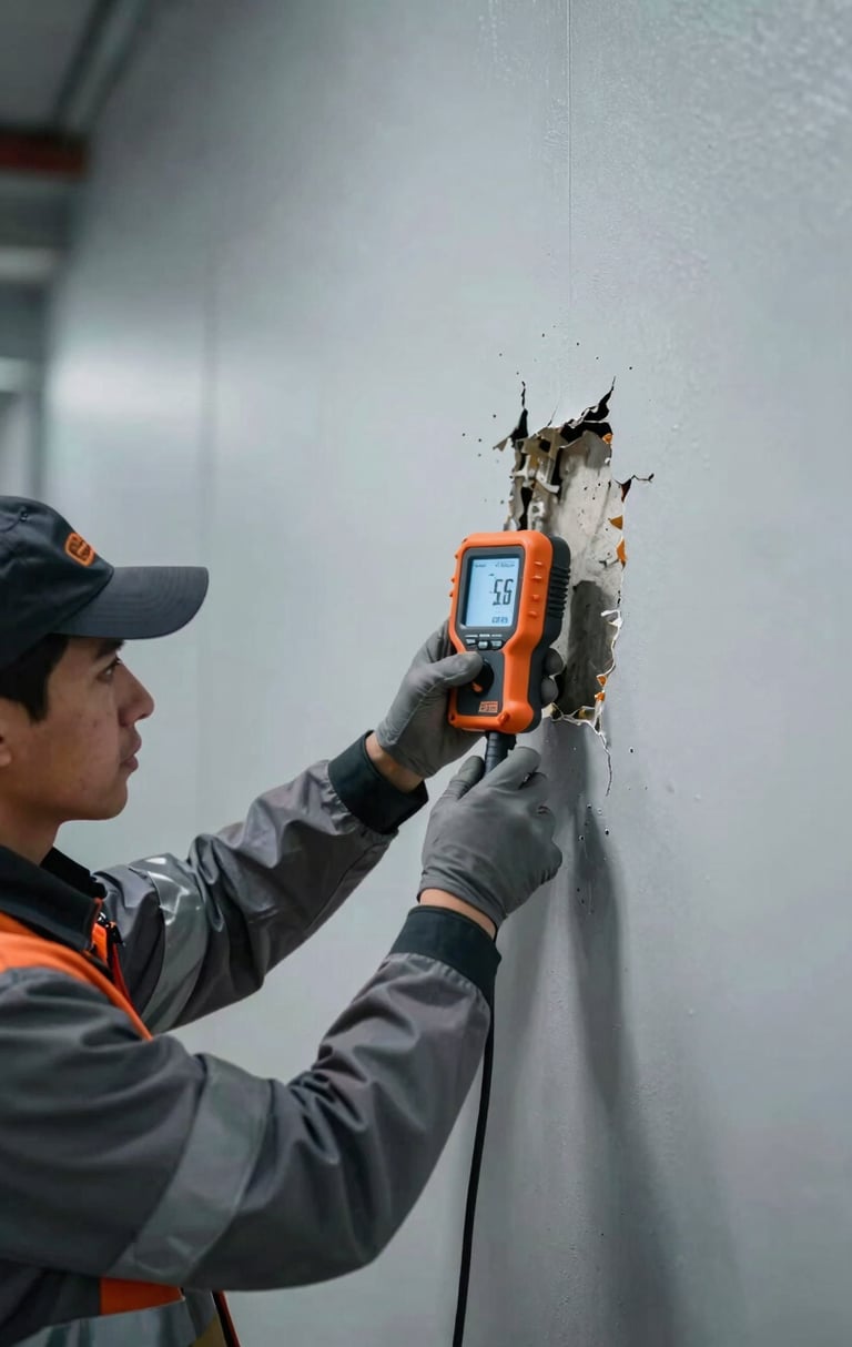 Close-up of a technician in clean, branded safety gear operating a moisture meter on a damaged wall, industrial editorial photography, dramatic overcast daylight, high-contrast cool grays with safety orange accents, sharp focus, 35mm