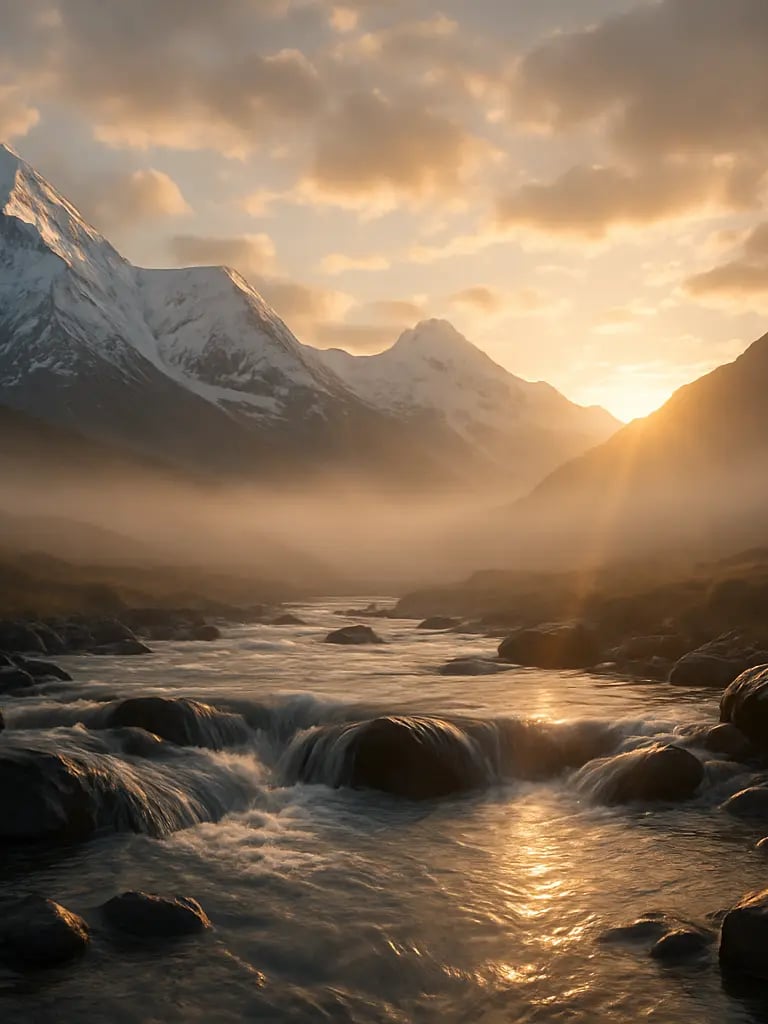 a mountain stream running through a valley with a mountain in the background