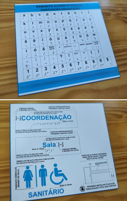 gabarito demonstrando a correta execução de textos e pictogramas, com alfabeto em braile