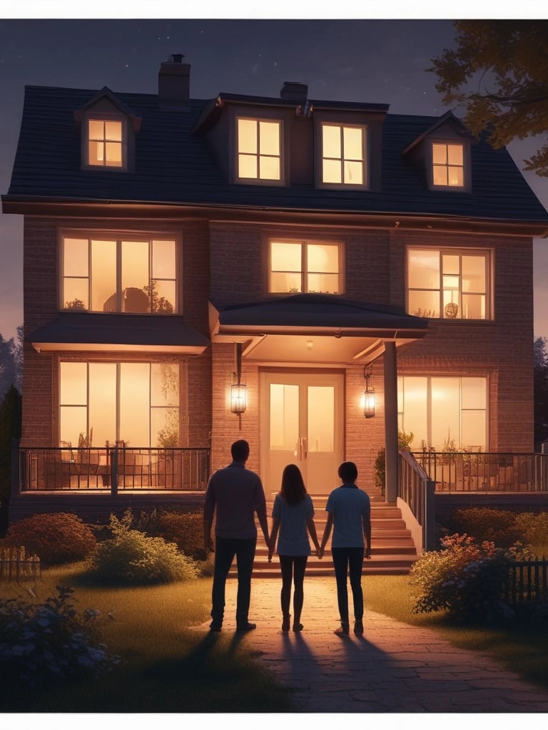 Famiglia davanti a una casa moderna illuminata di notte, simbolo di sicurezza domestica
