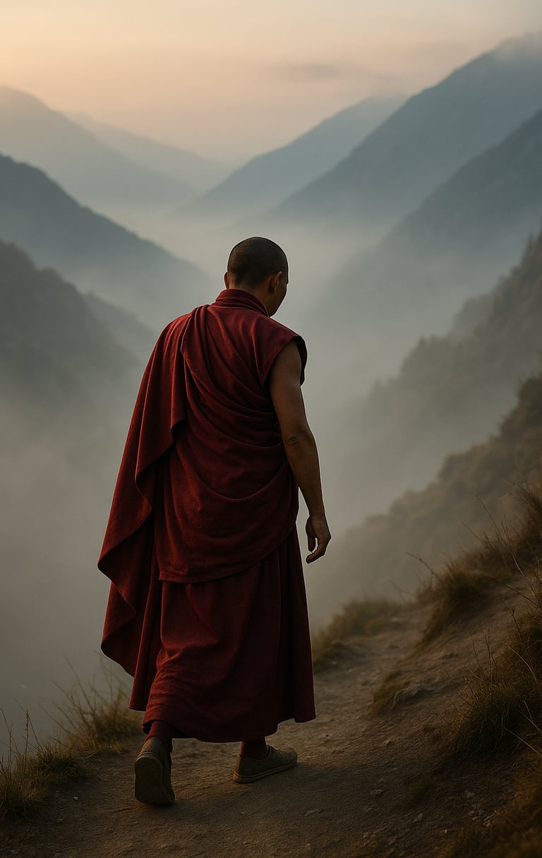 Un tibétain marche dans la montagne pour la journée de la démocratie au Tibet.
