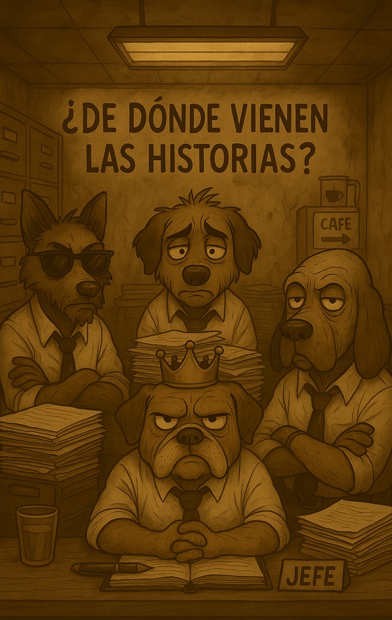 Cuatro perros antropomórficos en traje, uno con corona y placa de “Jefe”, rodeados de papeles en una