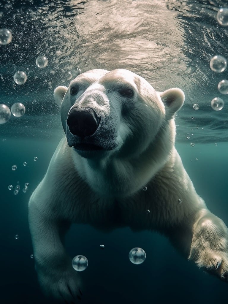 A polar bear swimming under the water