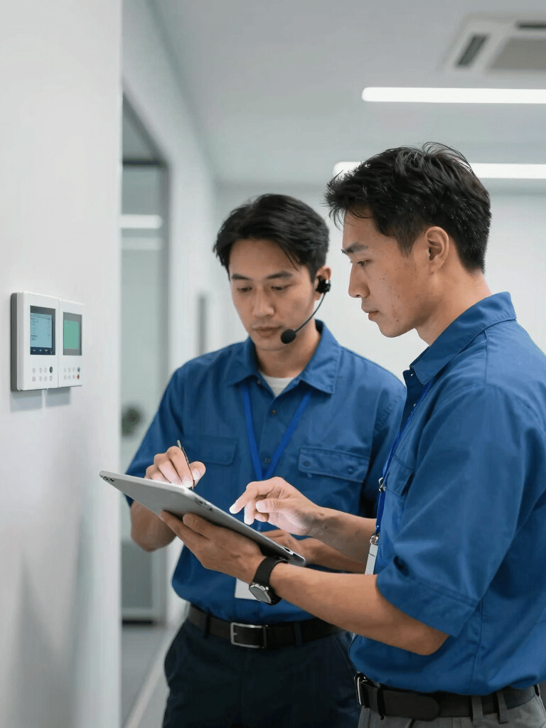 A professional IT support specialist and an HVAC technician working collaboratively in a clean, modern commercial office setting in North American. They are analyzing diagnostics on a tablet computer near an advanced thermostat control interface on a clean wall. Trustworthy, professional, bright modern ambient lighting.
