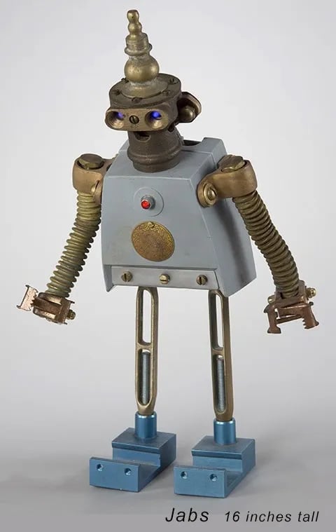 Found object robot sculpture named Jabs by Santa Barbara artist Tal Avitzur.