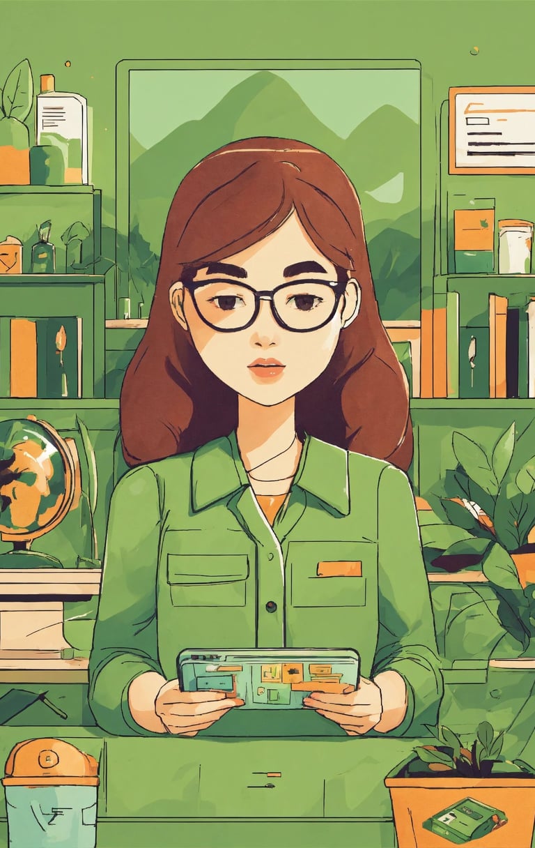 a woman in a green shirt and glasses holding a tablet