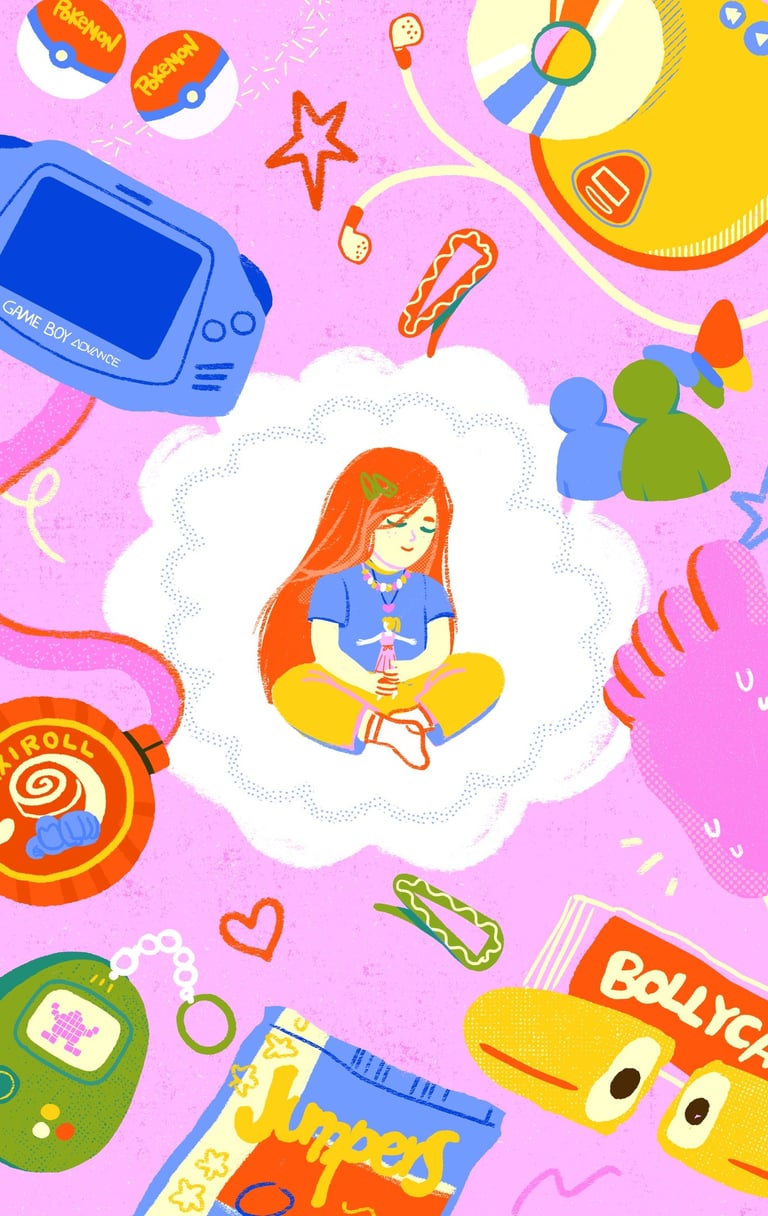 a little red-haired girl sitting surrounded by a thought bubble and gadgets and snacks