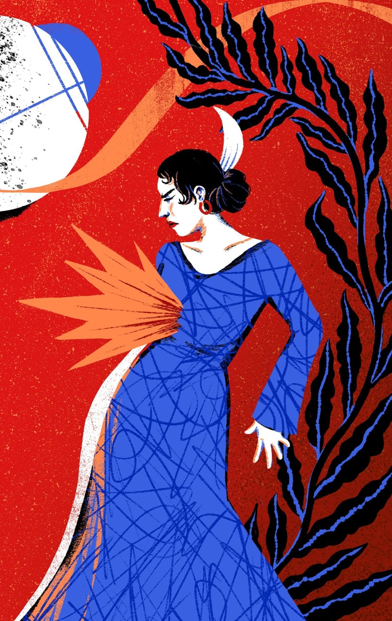 a woman in a blue flamenco dress with fire in her chest and a moon in the background