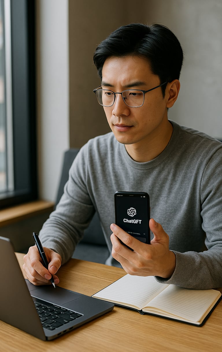 "AI 시대에 ChatGPT를 활용하여 생산성과 창의력을 높이는 한국 직장인의 모습"