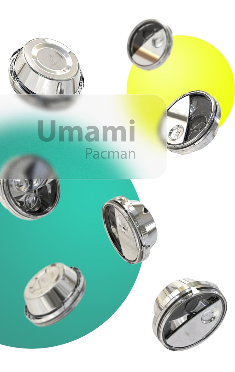 Floating composition render revealing lid, cap, and container components, designed by Koorosh Shojae