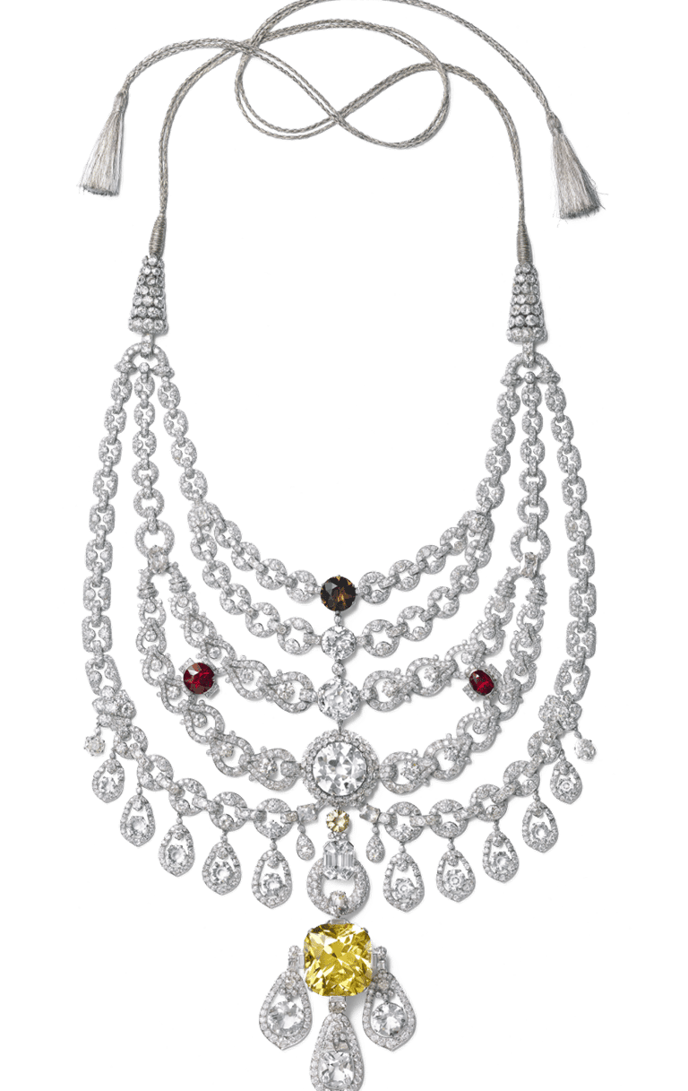 Cartier Patiala necklace with diamonds, rubies, and a yellow diamond pendant.