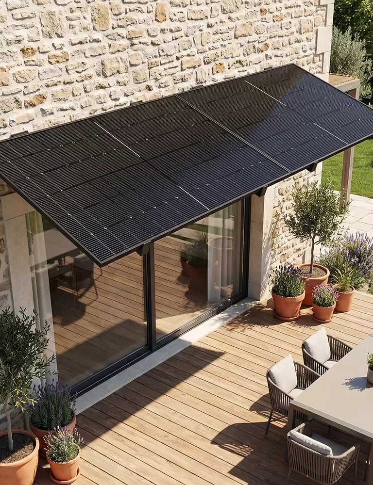 Auvent solaire avec panneaux photovoltaïques sur une maison de caractère en pierres apparentes