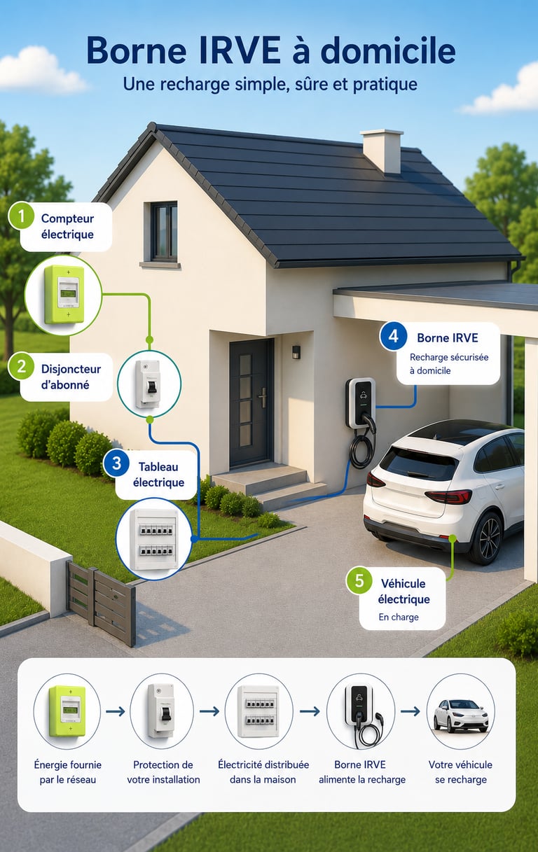 Schéma d'installation d'une borne IRVE à domicile pour recharger un véhicule électrique en toute sécurité
