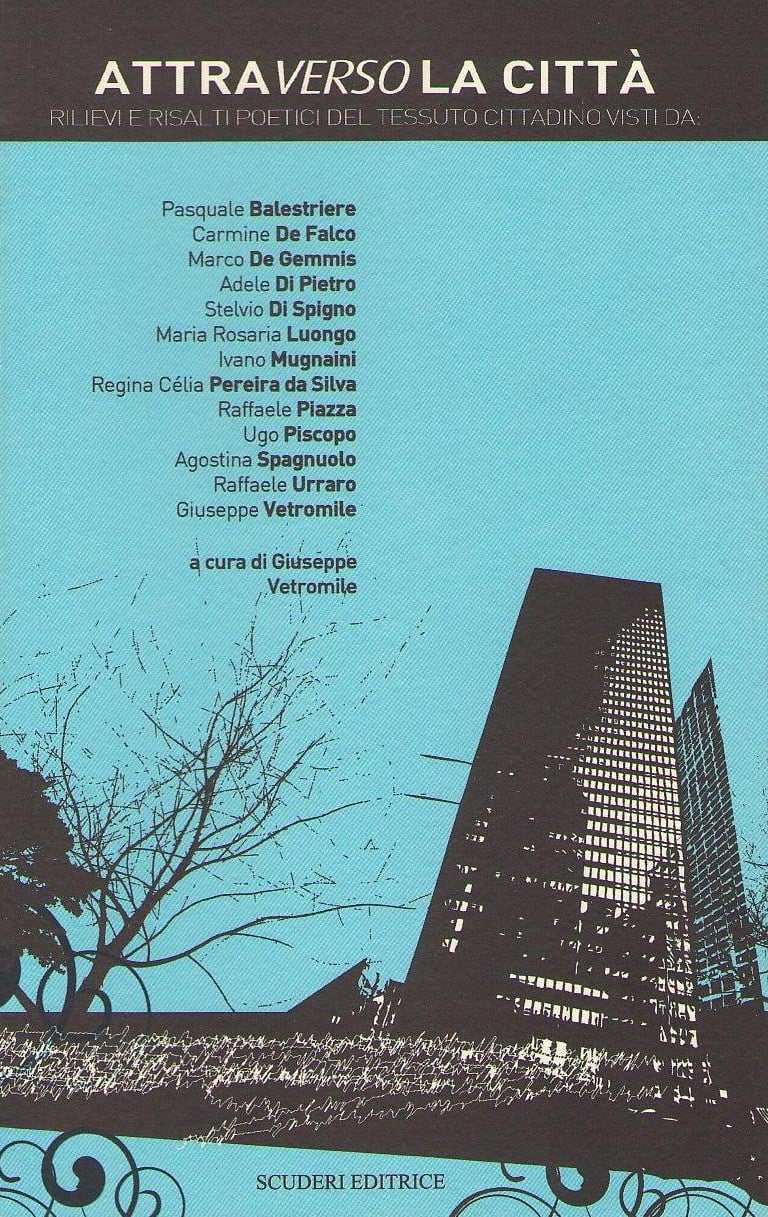Attraverso la città book cover featuring an urban skyscraper silhouette and list of Italian authors.