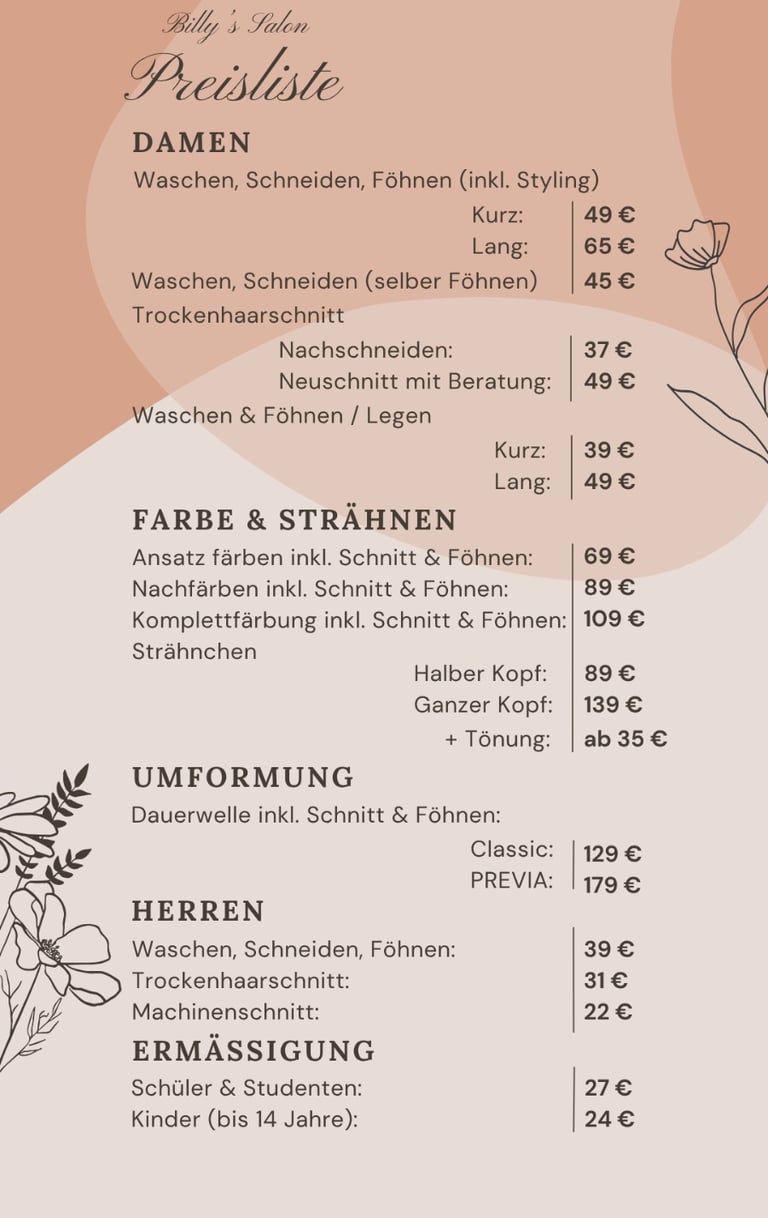 Billy's Salon Preisliste showing prices for women's haircuts, hair coloring, and men's styling services.