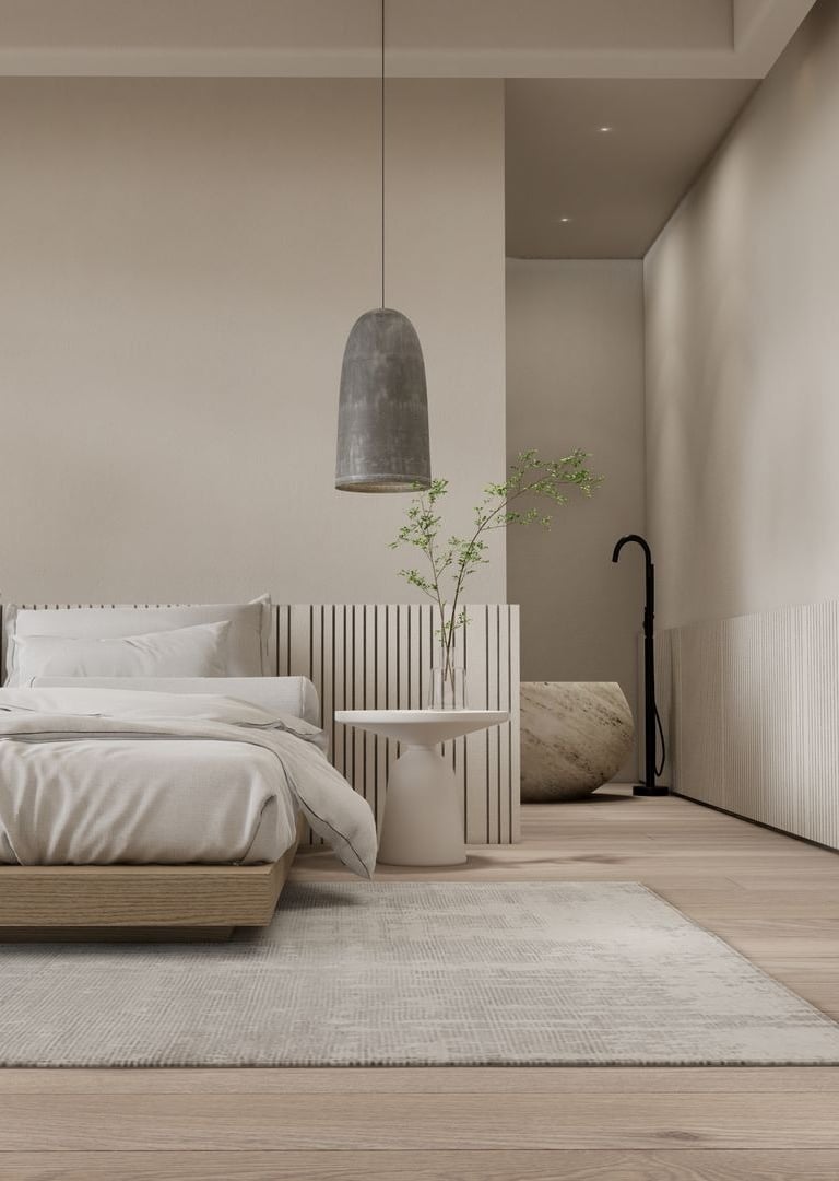 Residential luxury bedroom with a bed and a lamp