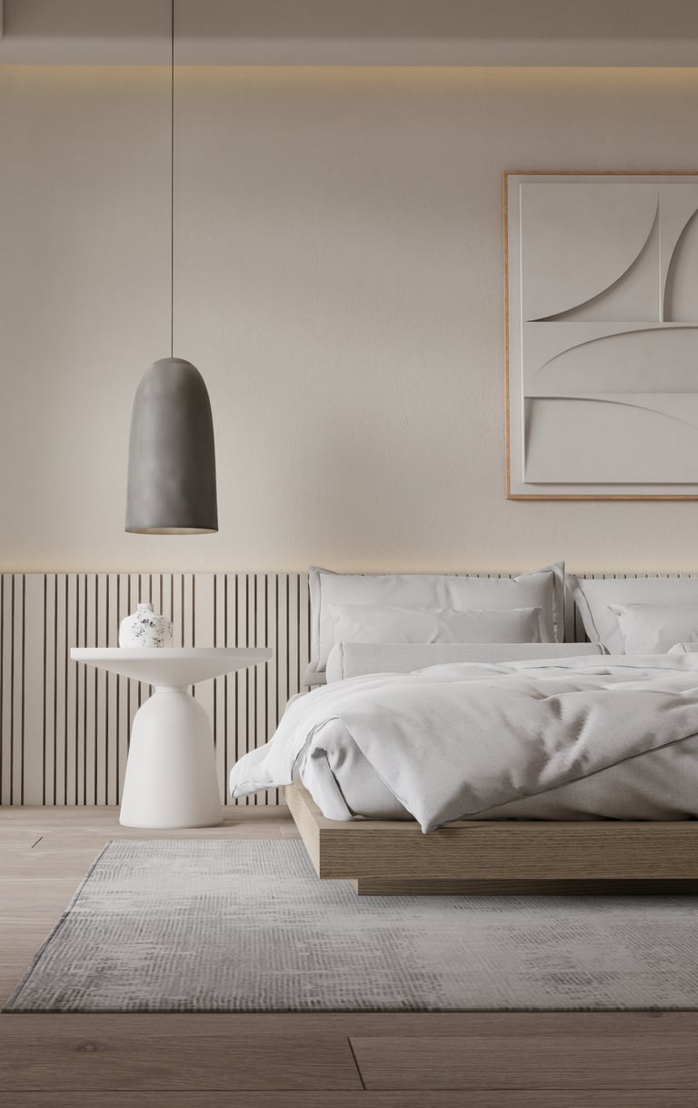 Cozy  bedroom with a bed and a lamp with Mediterranean style