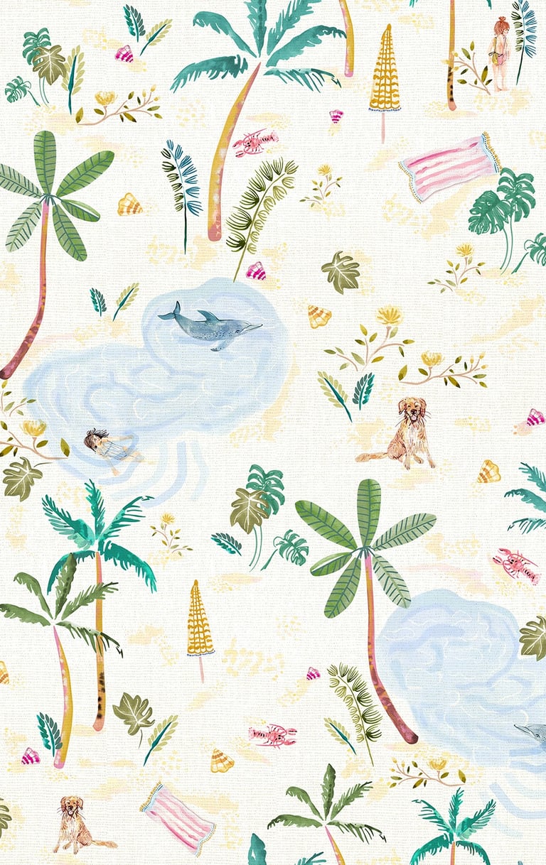 Estampa infantil de paisagem, com mar, golfinhos, crianças nadando, cachorros, conchas, coqueiros