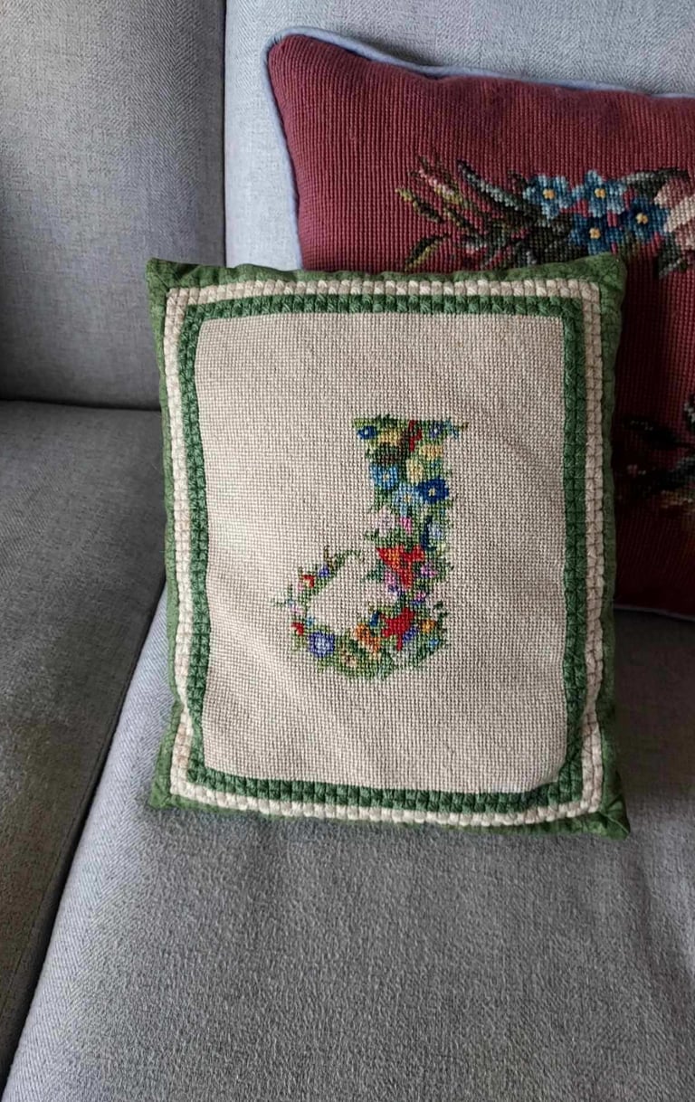 vintage needlework monogram turned into decorative toss pillow