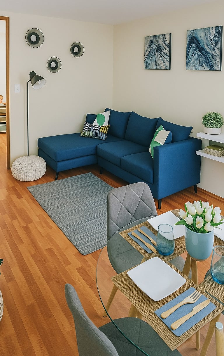 Interior ilustrativo de sala-comedor en departamento muestra con decoración moderna, piso laminado y