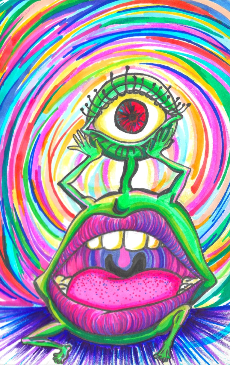 Super high Alien going whoa dude. with a lot of bright, iridescent, radiant, saturated colors.