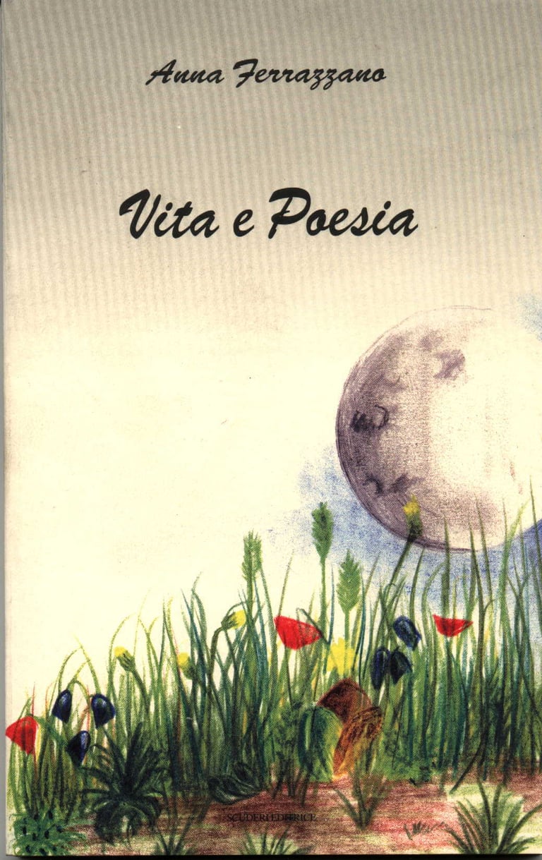 Book cover for Vita e Poesia by Anna Ferrazzano featuring an illustration of a full moon over a meadow.