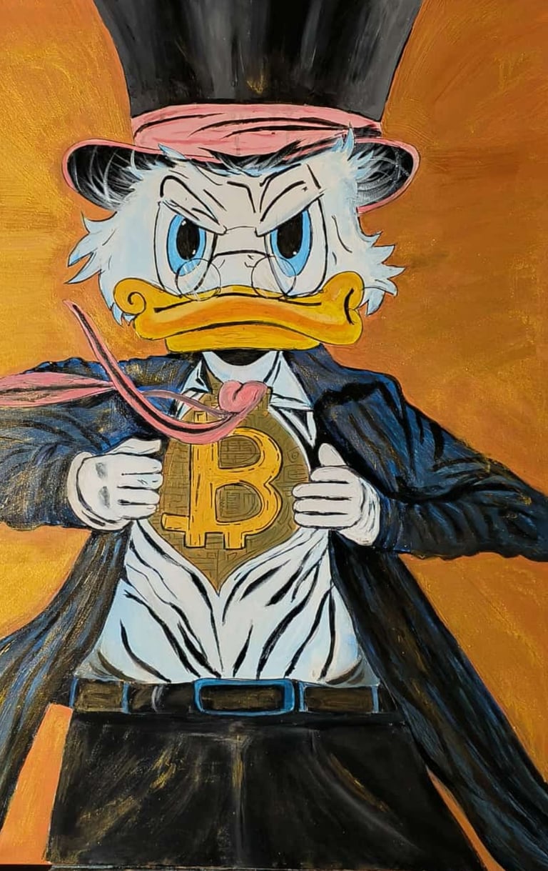 Acrylic Painting of Scrooge McDuck with Super Bitcoin A playful nod to the new cryptocurrency.