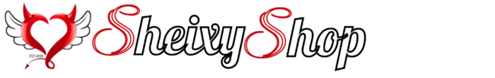 Logotipo Sheixy Shop: corazón con cuernos, alas negras y cola de diablo junto a texto estilizado en rojo y blanco