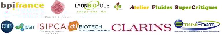 Logos of partner organizations including Bpifrance, Cosmetic Valley, Clarins, and CNRS biotech research partners.