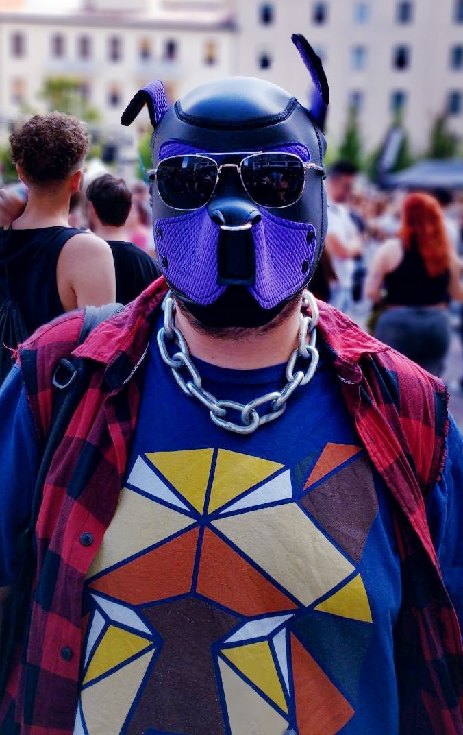 Man in pup mask on a busy street.