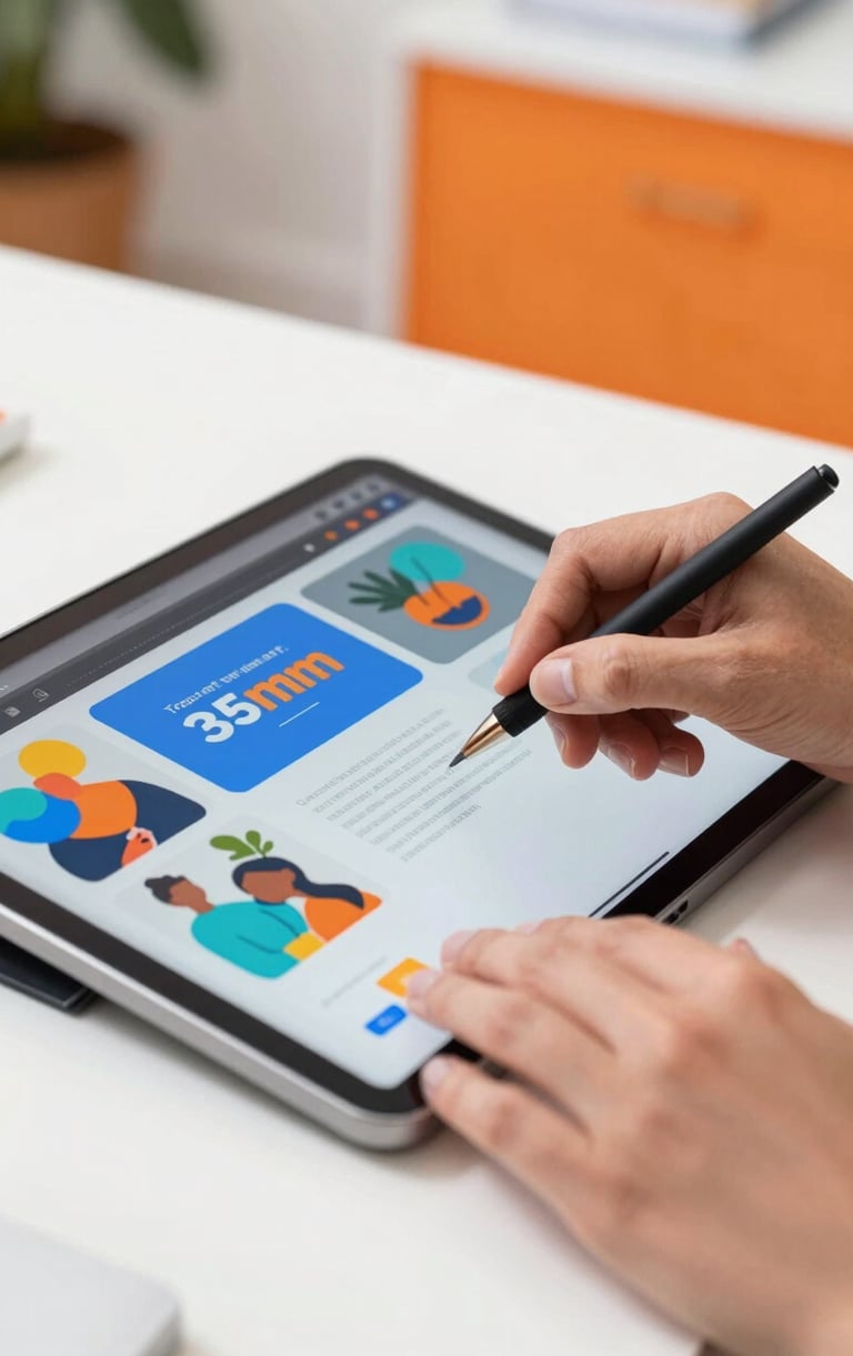 Close-up of a designer's hands meticulously refining a digital campaign mockup on a tablet, with a blurred modern workspace and vibrant orange accents in the background, bright studio lighting, 35mm.