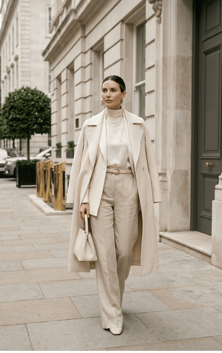 Woman wearing a monochrome cream and beige luxury outfit with minimalist styling and premium texture