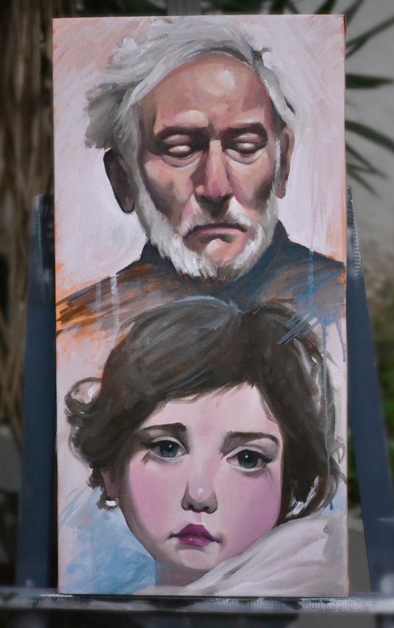 Retrato figurativo al óleo sobre lienzo, con pinceladas sueltas y expresivas que capturan emociones 