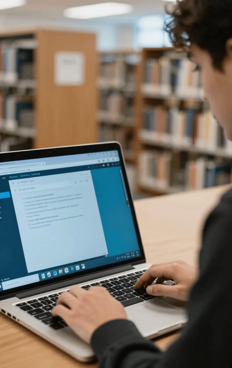 A close-up of a student focused on a laptop in a modern North American university library. The screen displays a clean productivity interface with deep cyan and electric blue highlights. Soft, natural lighting.