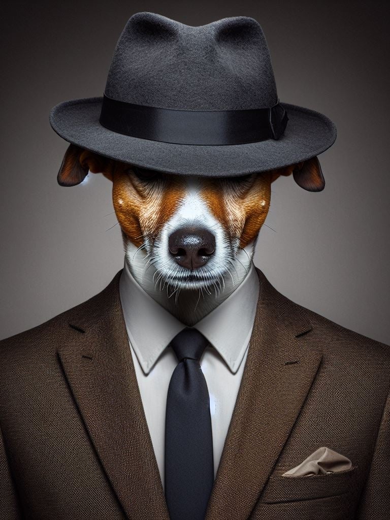 Jack Russell ID detetive vestindo terno e chapéu cobrindo os olhos