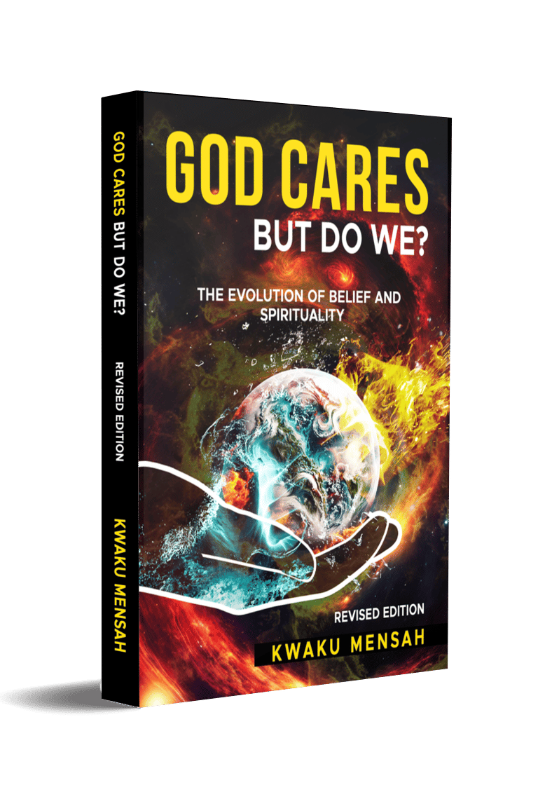 God Cares But Do We? book cover by Kwaku Mensah featuring the Earth in hands amidst space.