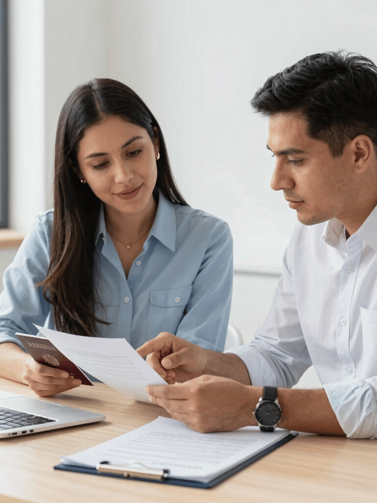 A friendly consultant explaining visa steps to a client in a cozy office.