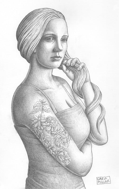 A pencil drawing of a young woman with a tattoo holding her long hair.
