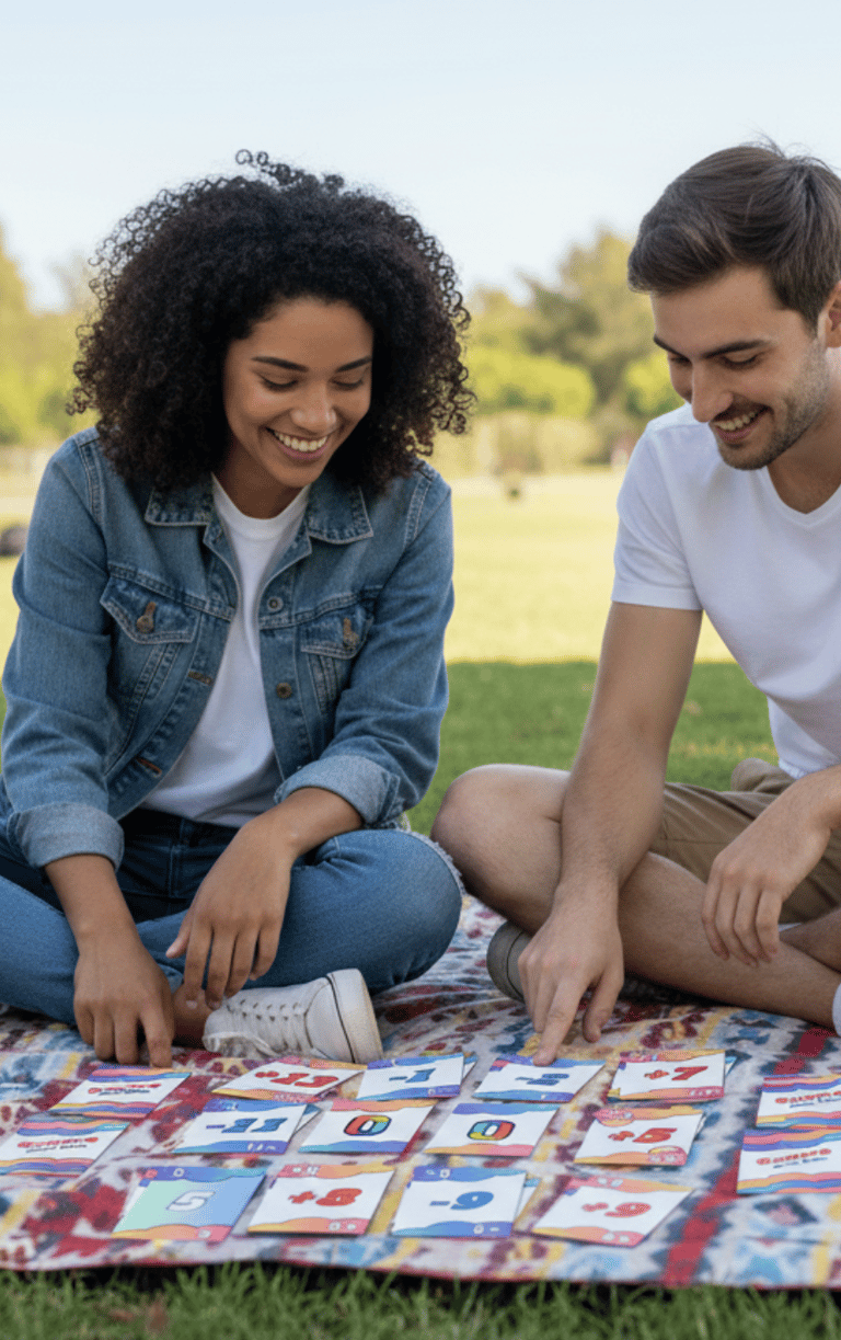 a man and woman sitting on a blanket in the grass, cards in front of them
