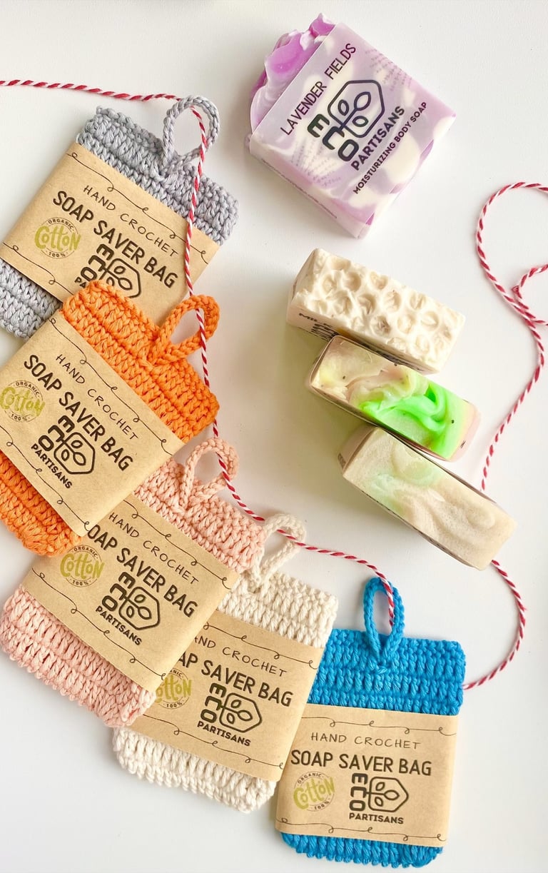 cute sustainable soap saver bag hand made from organic cotton