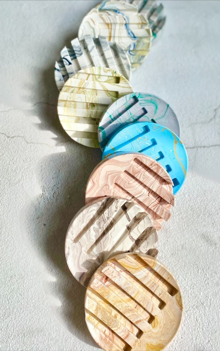 Eco friendly jesmonite soap dishes in variety of colours with marble effect