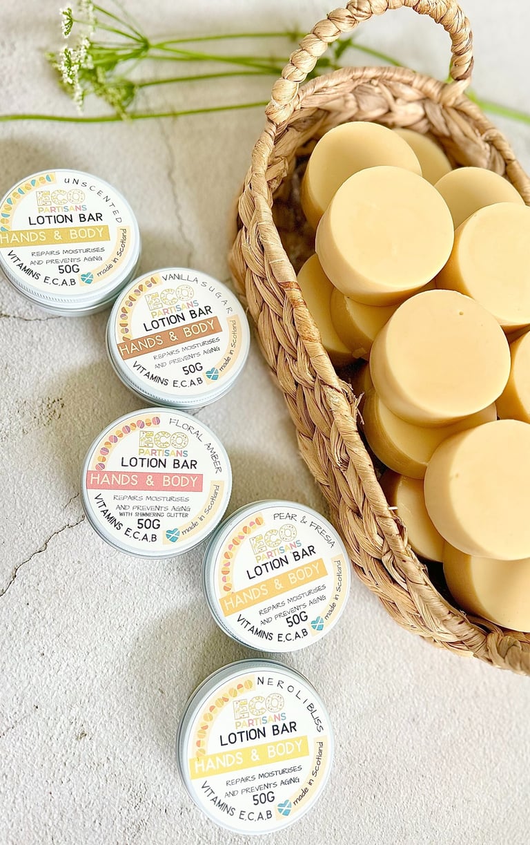 a basket of lotion bars for hands and body