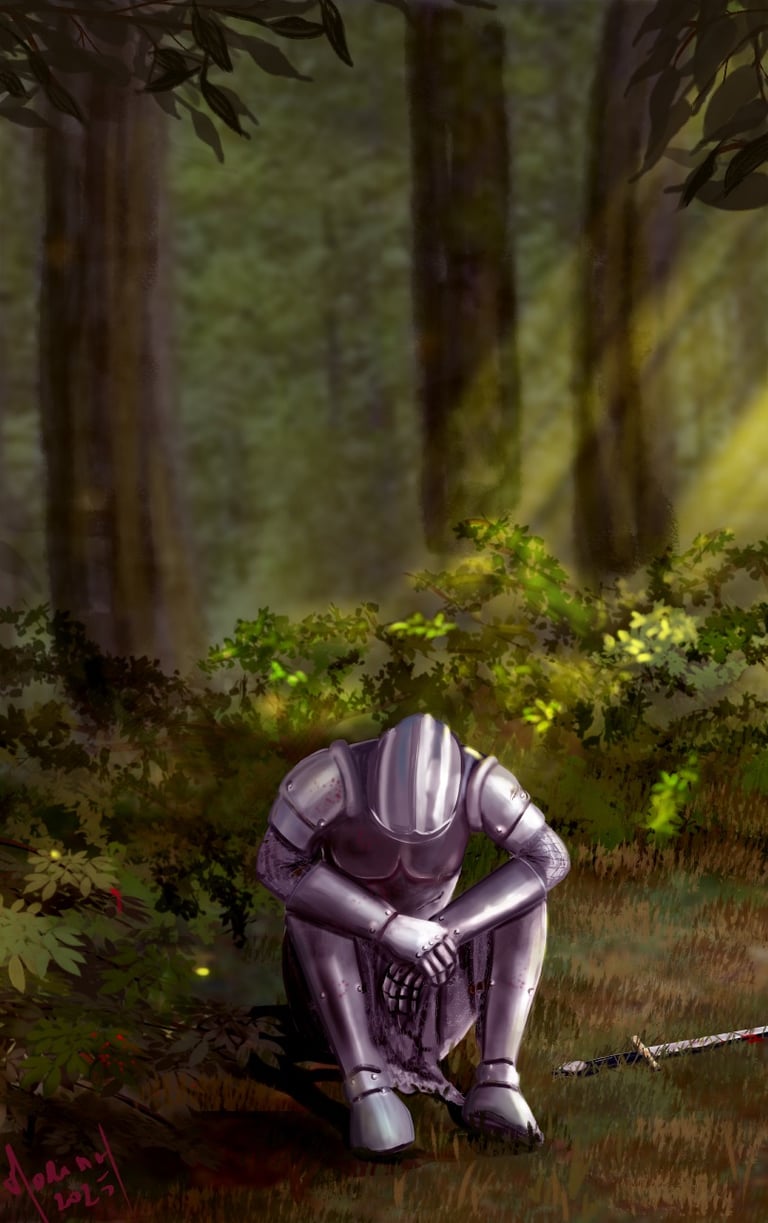 armoured knight sitting in the forest, exhausted