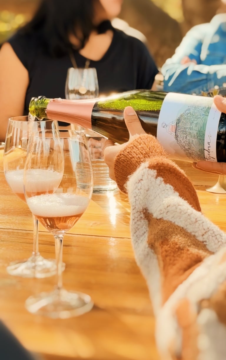 a person is pouring sparkling wine into a glass in a wine tasting at Mina penelope winery