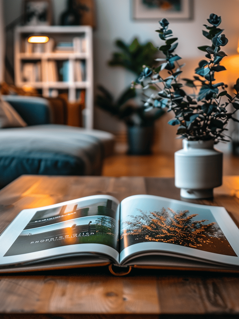A coffee-table book opened to show photographs in a modern living room